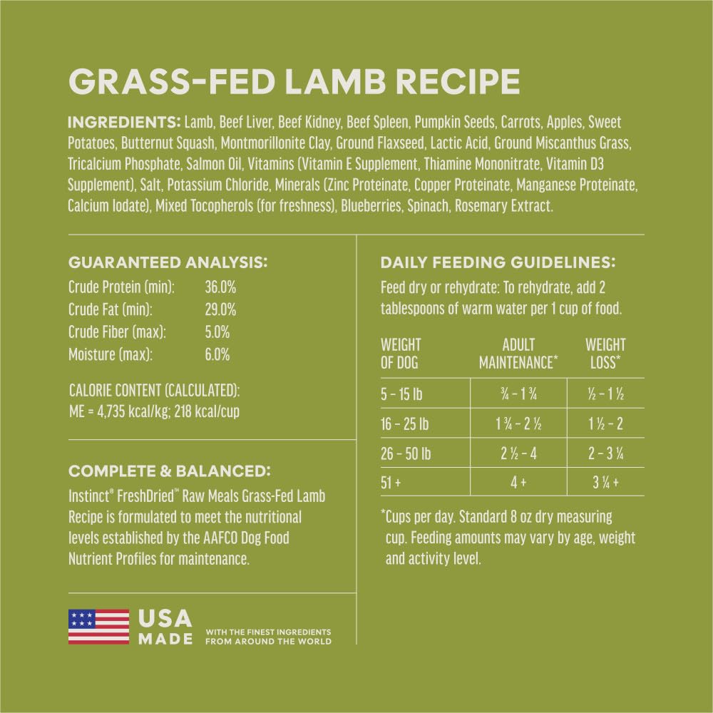 Instinct freeze-dried meals lamb nutrition panel showing 85 percent meat and organs.