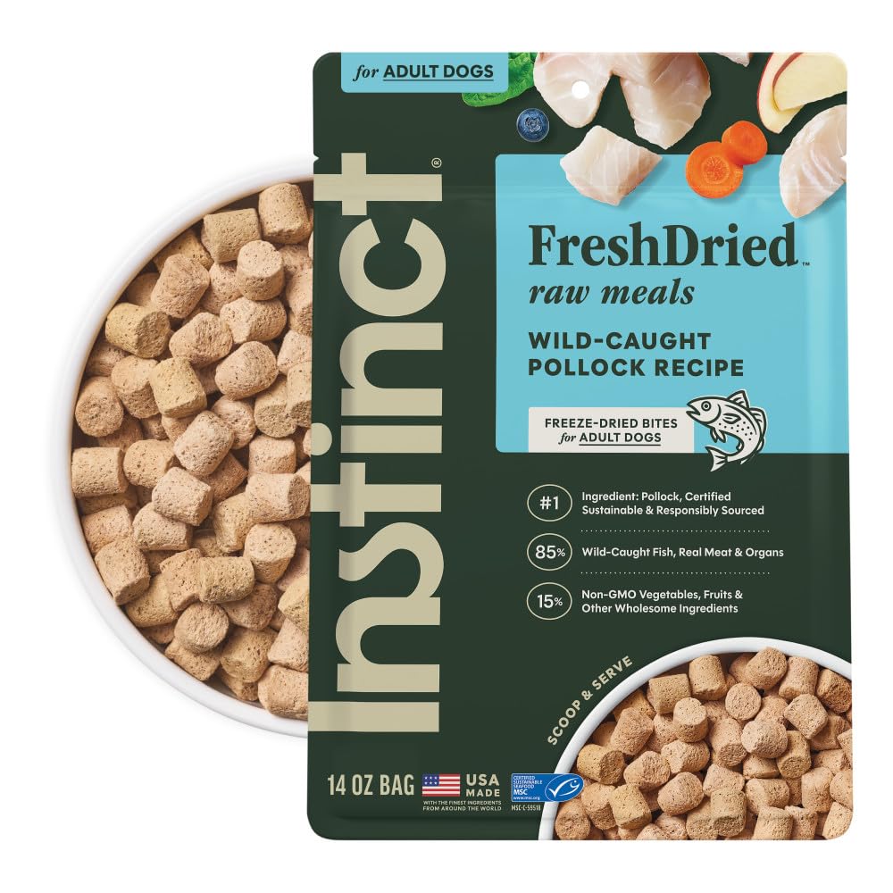 Instinct freeze-dried meals pollock bag 14oz highlights real fish protein for lean muscles.