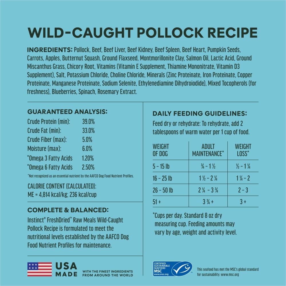 Instinct freeze-dried meals pollock bag-24oz showcases convenient, shelf-stable format.