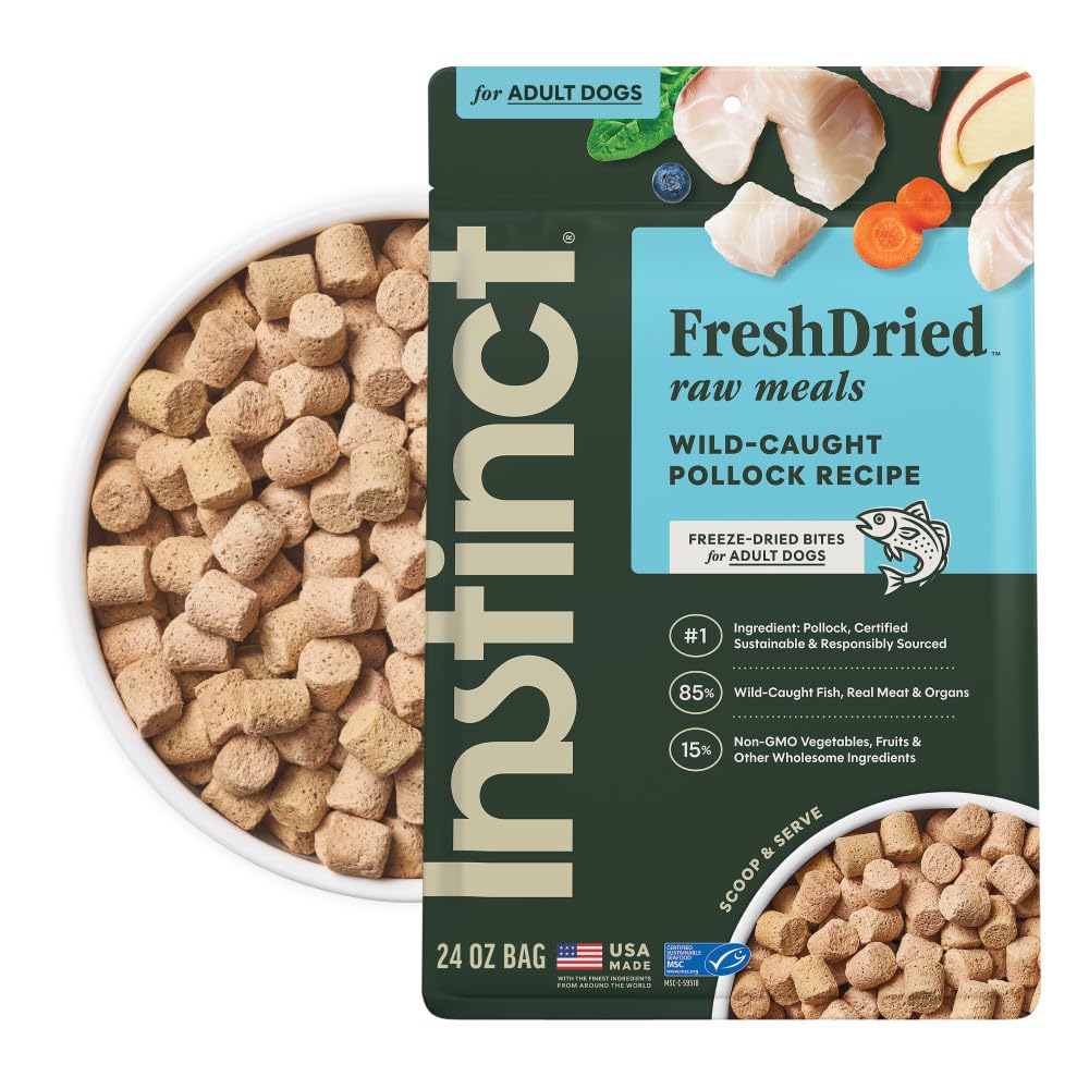 Instinct freeze-dried meals pollock bag front label highlights high-protein, grain-free nutrition.