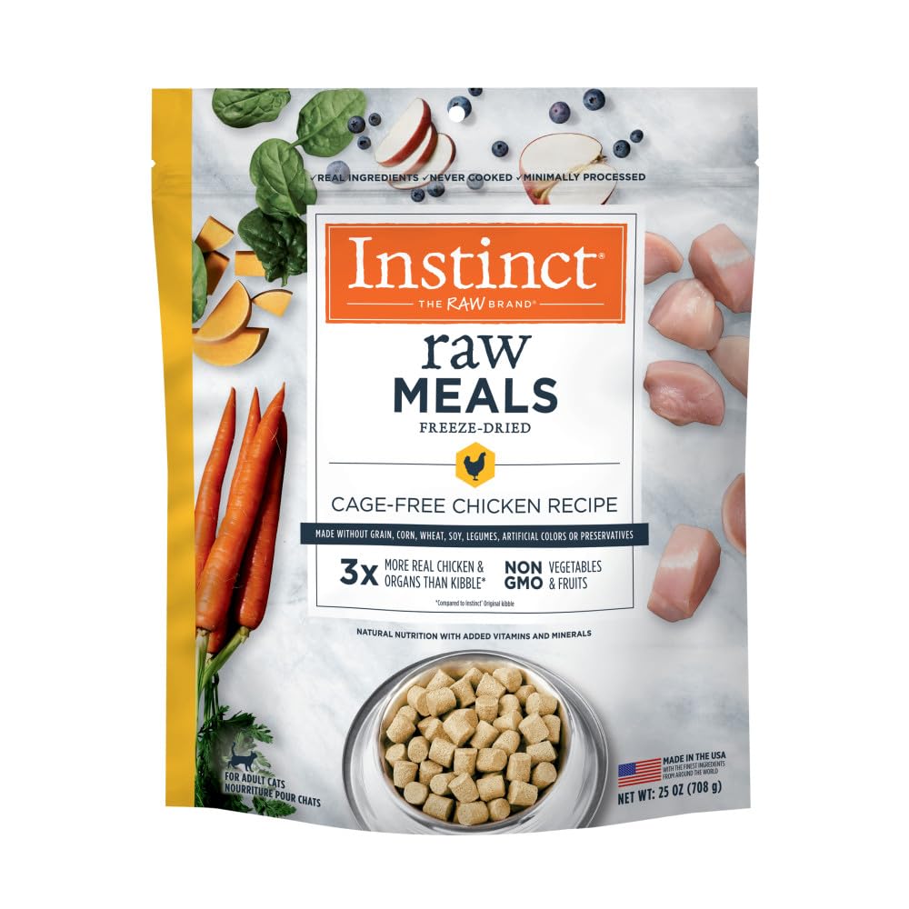 Instinct Freeze-Dried Raw Chicken Cat Food bag highlighting high-protein option for lean muscles.