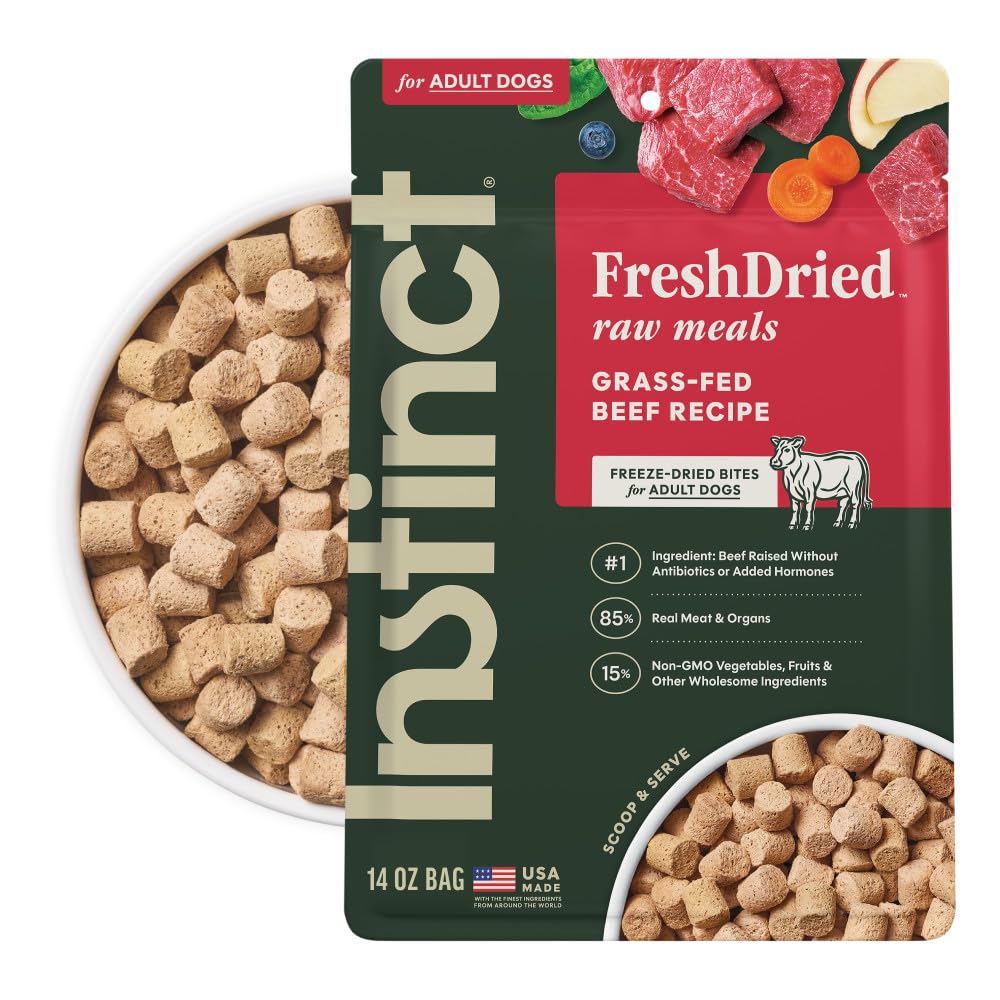 Instinct FreshDried Meals bag front, grain-free dog food for lean muscle support.