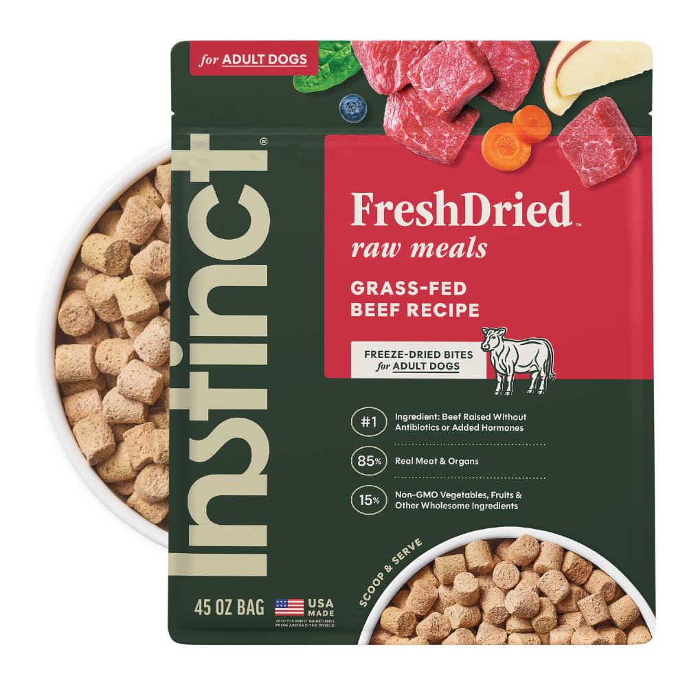Instinct FreshDried Meals grass-fed beef bag shows protein-rich dog food for lean muscles