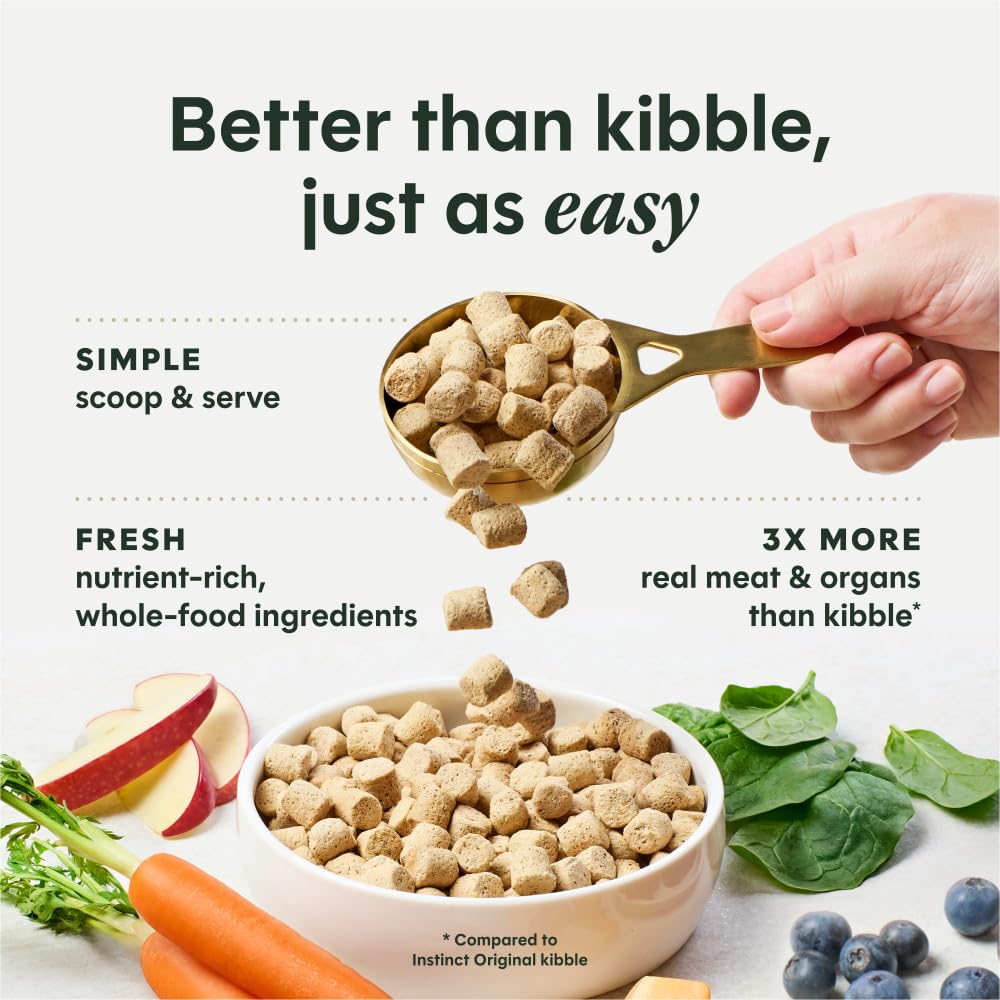 Instinct FreshDried Meals grass-fed beef chunks, protein-rich bites for active dogs.