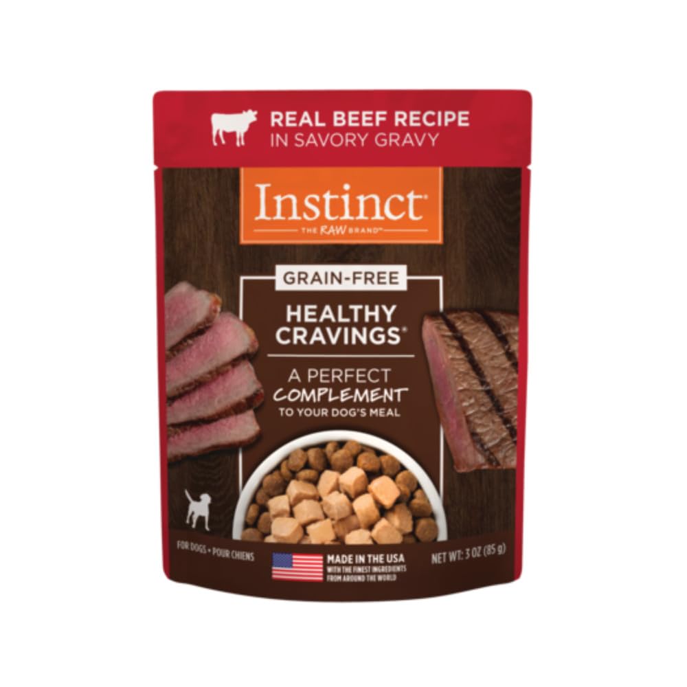 Instinct Healthy Cravings beef pouch with savory gravy enhances meal flavor and moisture.