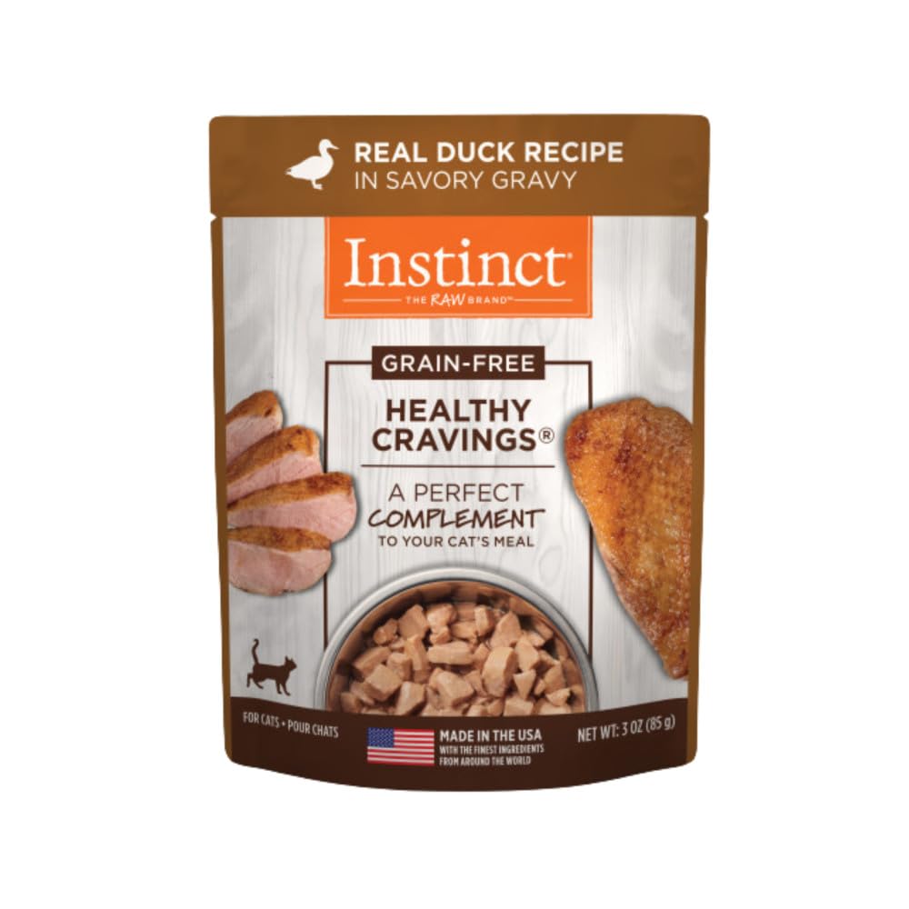 Instinct Healthy Cravings duck pouch close-up, grain-free topper adding tasty variety.