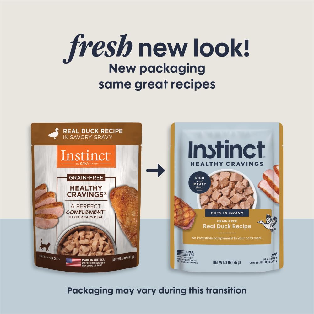 Instinct Healthy Cravings duck topper on a bowl highlights moisture and palatability.