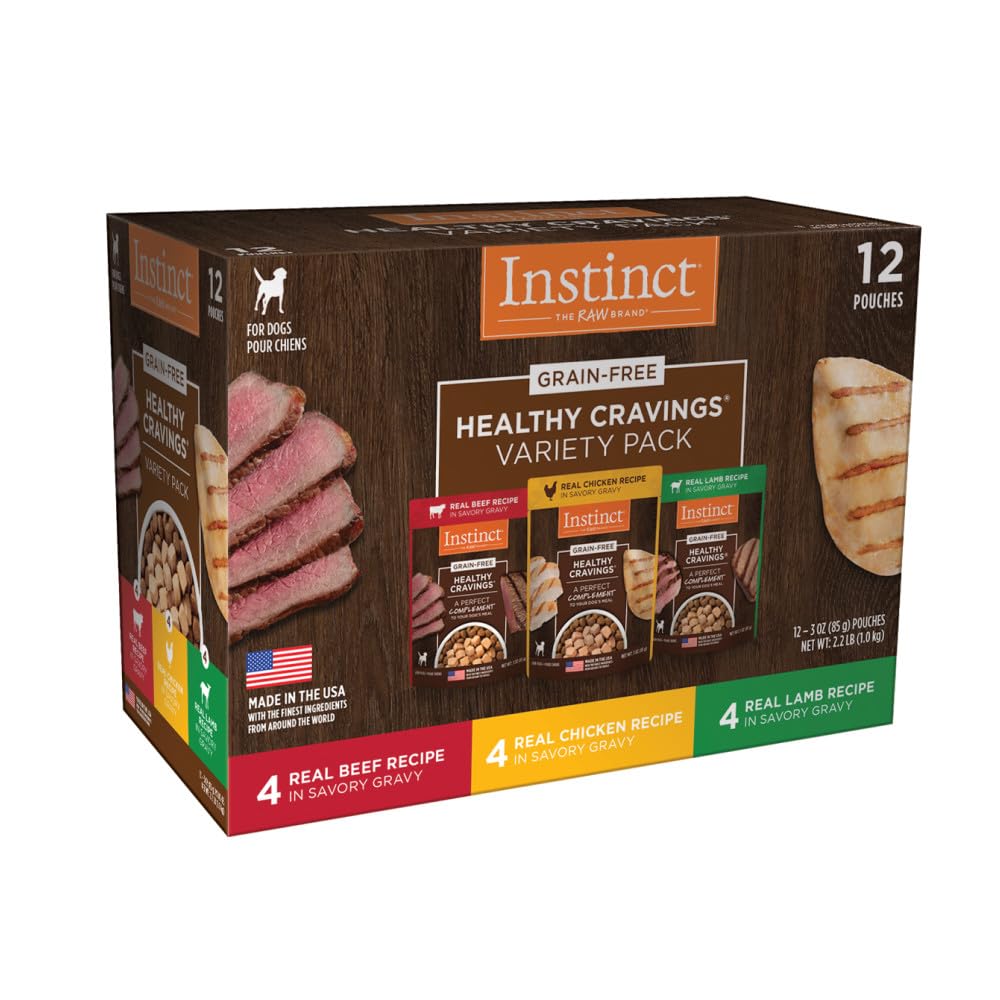 Instinct Healthy Cravings beef gravy pouch shows real beef for tasty topper.