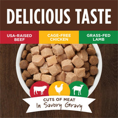 Instinct Healthy Cravings chicken gravy pouch highlights cage-free chicken for moisture.