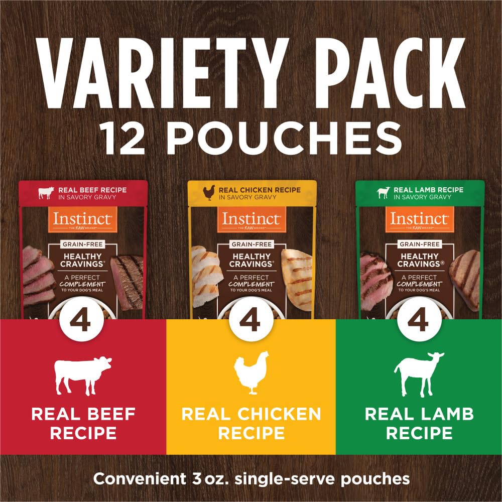 Instinct Healthy Cravings lamb gravy pouch features grass-fed lamb for protein.