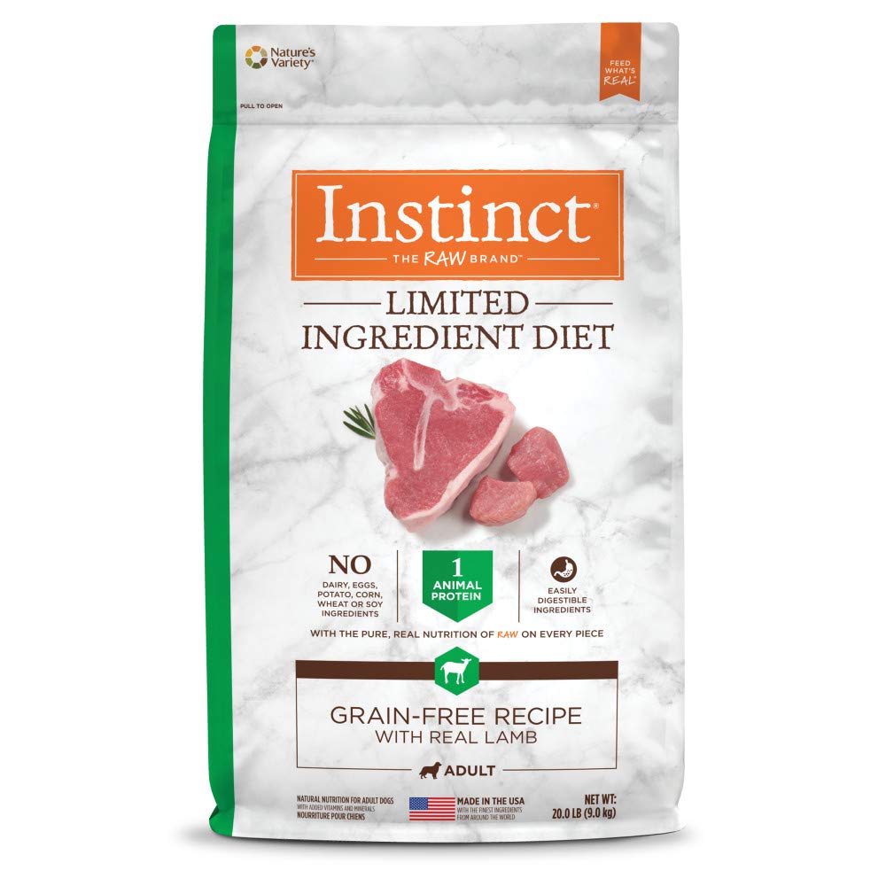 Instinct Limited Ingredient Diet lamb bag displays simple single-protein formula for sensitive dogs.