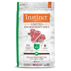 Instinct Limited Ingredient Diet lamb bag displays simple single-protein formula for sensitive dogs.