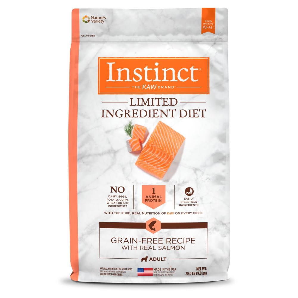 Instinct Limited Ingredient Diet dry dog food bag showing simple, protein-forward nutrition for sensitive dogs