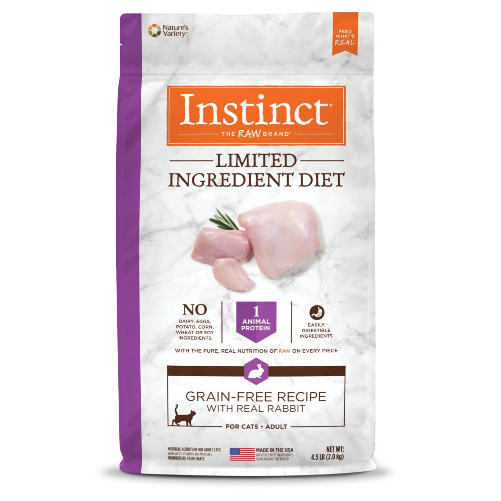 Instinct Limited Ingredient Diet rabbit kibble close-up highlighting simple single-protein nutrition.