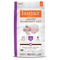 Instinct Limited Ingredient Diet rabbit kibble close-up highlighting simple single-protein nutrition.