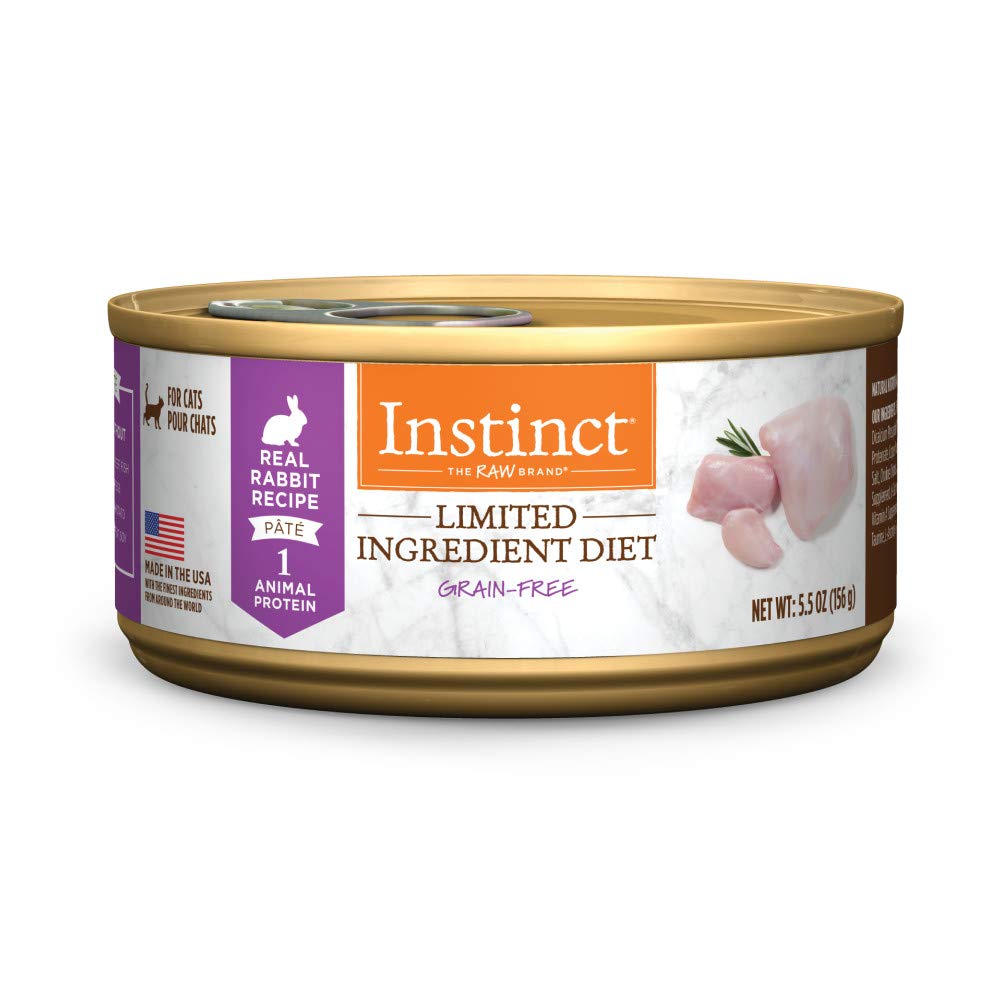 Instinct Limited Ingredient Diet rabbit pate can pack image; grain-free option for sensitive cats.