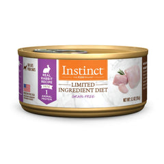 Instinct Limited Ingredient Diet rabbit pate can pack image; grain-free option for sensitive cats.