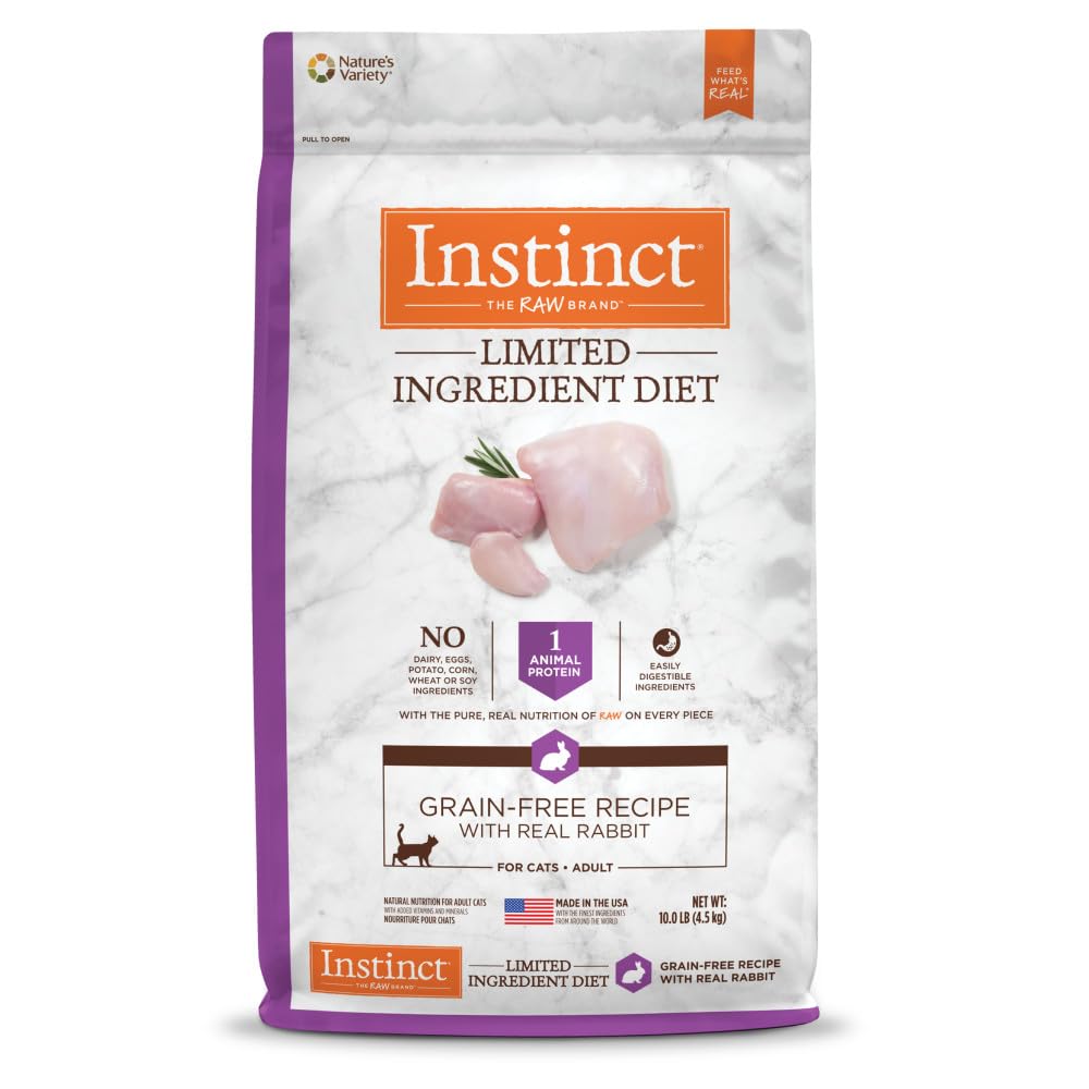 Instinct Limited Ingredient Diet real rabbit kibble bag; grain-free formula for gentle digestion.