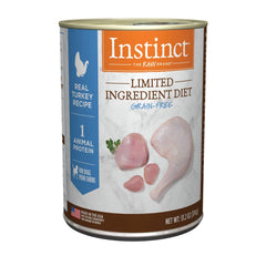 Instinct Limited Ingredient Diet turkey loaf can, grain-free and simple nutrition for sensitive dogs.