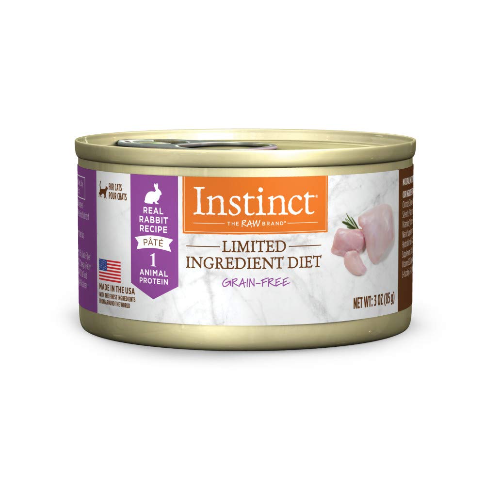Instinct Limited Ingredient rabbit pate can, grain-free and easy for sensitive cats.
