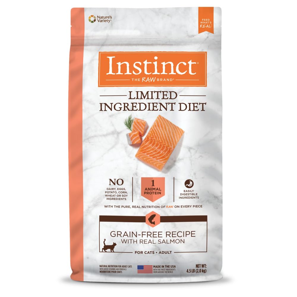 Instinct Limited Ingredient Diet salmon bag front shows grain-free, simple nutrition for sensitive tummies.