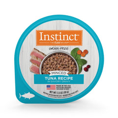 Instinct Original minced tuna cup showing high-protein wet cat food for lean muscles.