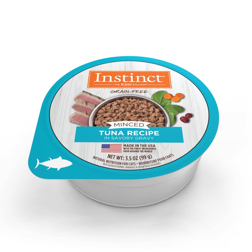 Instinct Original minced tuna cup with savory gravy highlighting real meat and moisture for cats.