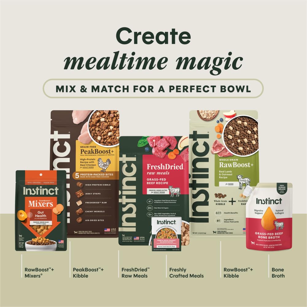 Instinct nutrition facts panel highlights 85% meat and vitamins.