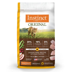 Instinct Original dry cat food packaging highlights real chicken for protein-rich nutrition.