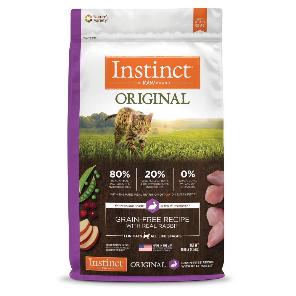 Instinct Original Dry Cat Food with Real Rabbit in a bowl promotes protein nutrition.