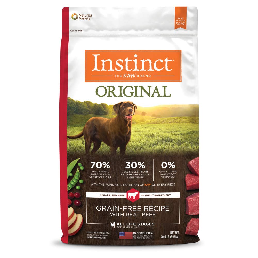 Instinct Original dry dog food bag shows grain-free real beef formula for dogs.