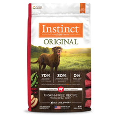 Instinct Original dry dog food bag shows grain-free real beef formula for dogs.
