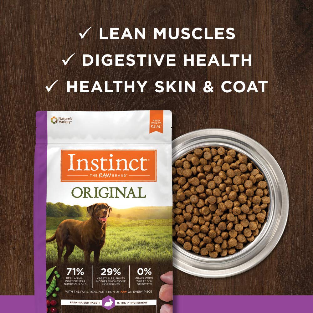 Probiotics, omegas, and antioxidants support digestion and coat vitality in Instinct Original.