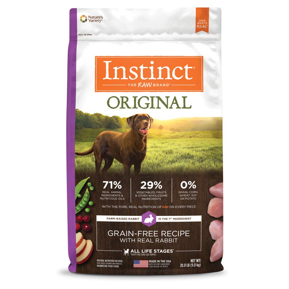 Instinct Original real rabbit kibble close-up highlights high-protein bites.