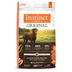 Instinct Original dry dog food bag with real salmon emphasizes high-protein formula.