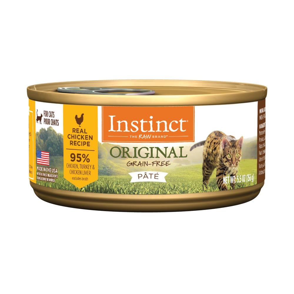 Instinct Original Grain-Free Real Chicken Canned Cat Food shows creamy pate texture cats enjoy.