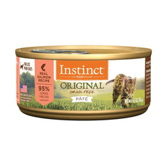 Instinct Original grain-free salmon wet cat food can label highlighting real salmon as main ingredient.