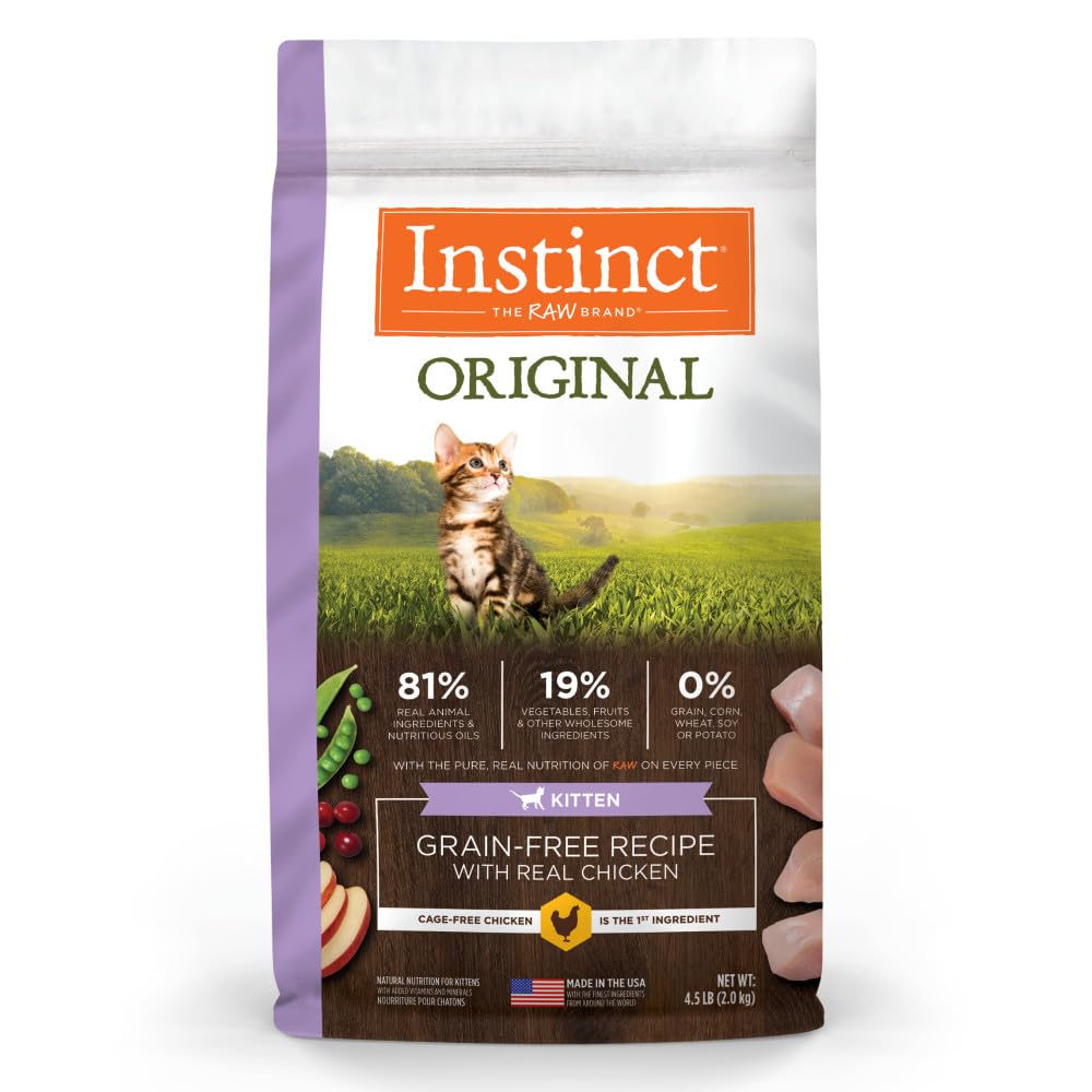 Instinct Original kitten dry food bag highlights grain-free formula and first-ingredient chicken