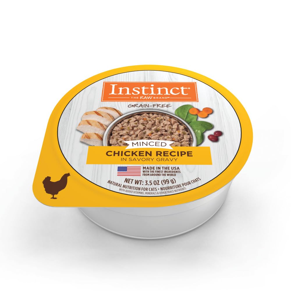 Instinct Original Minced Chicken Cups in savory gravy for easy feeding at mealtime.