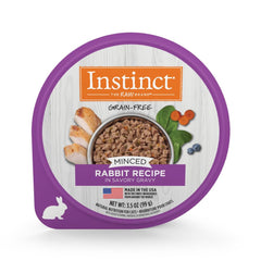 Instinct Original Minced Rabbit cups close-up showing grain-free protein for lean muscles.
