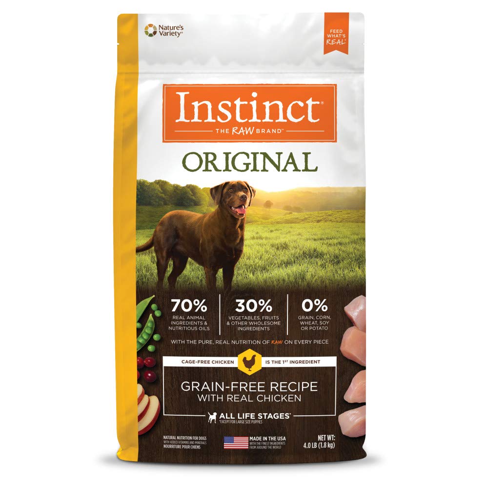 Instinct Original raw-coated kibble with chicken enhances flavor and protein in every bite