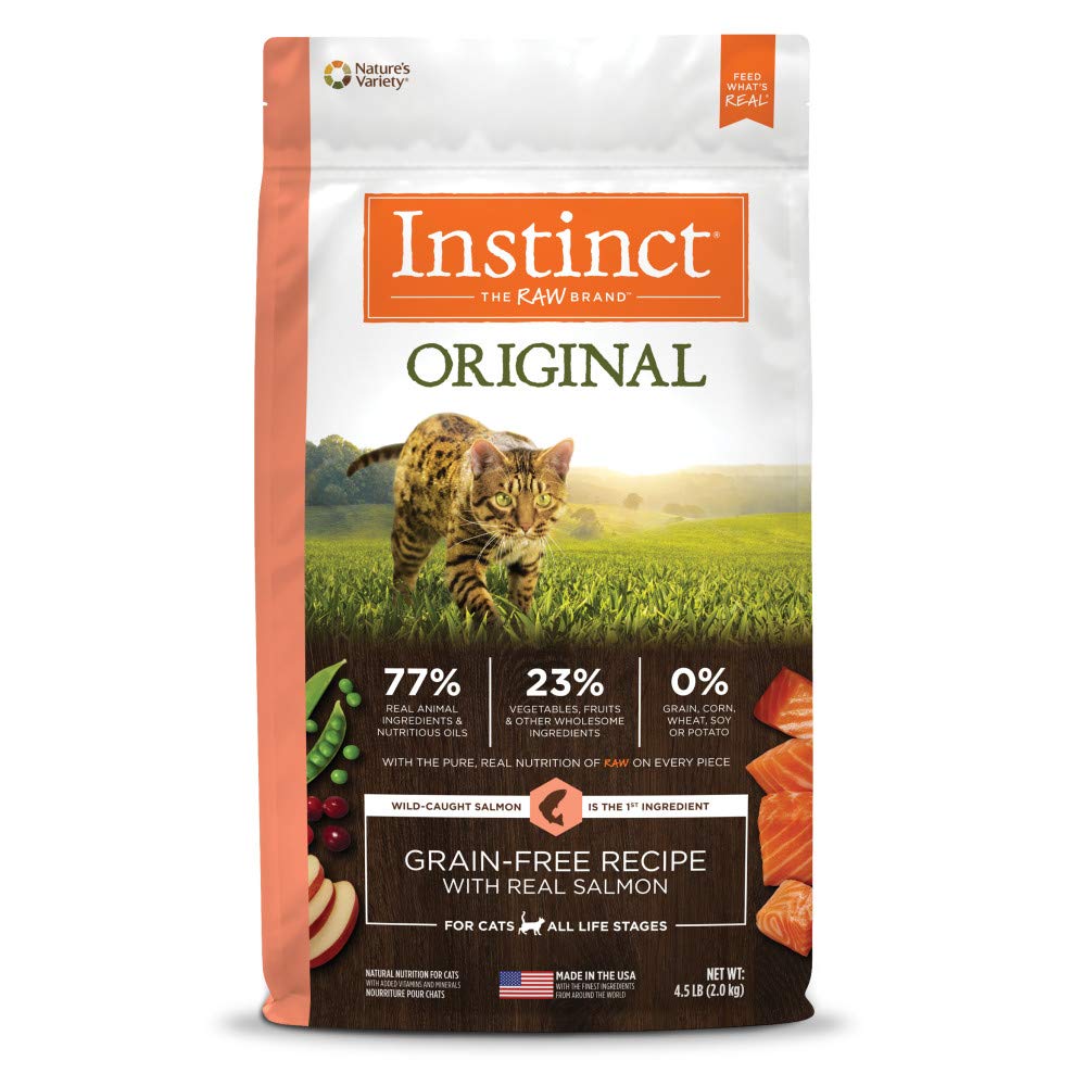 Instinct Original Salmon dry cat food bowl close-up showing high-protein grain-free nutrition