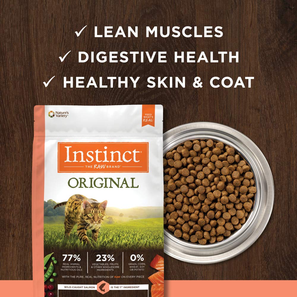 Cat enjoying Instinct Original Salmon dry cat food for coat shine