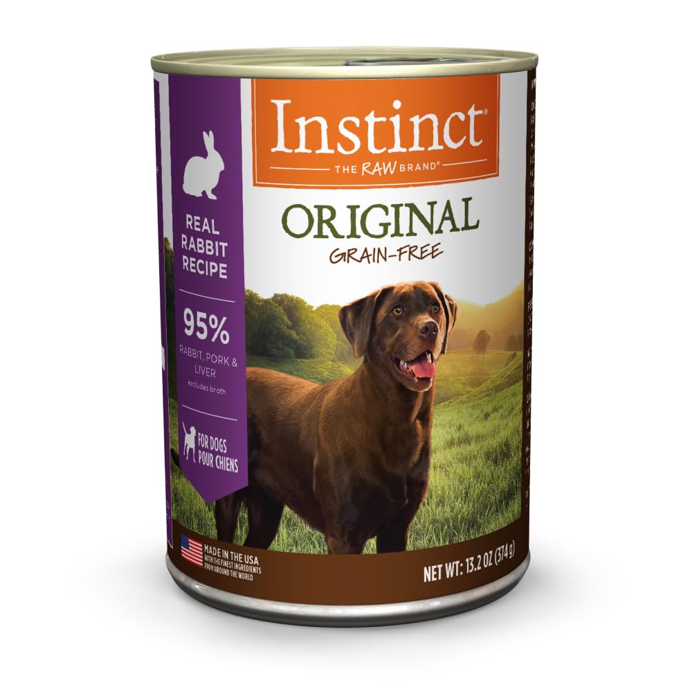 Instinct Original wet dog food can front shows grain-free rabbit recipe