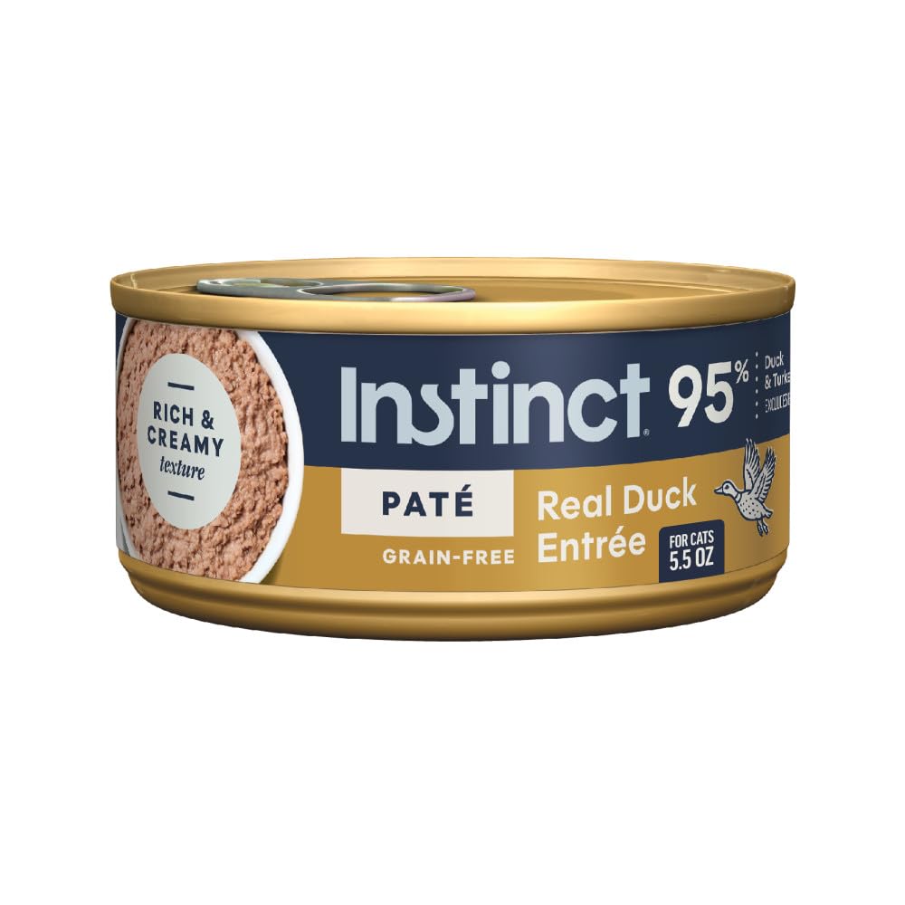 Instinct Pate Entrees with cage-free duck—grain-free protein for active cats.