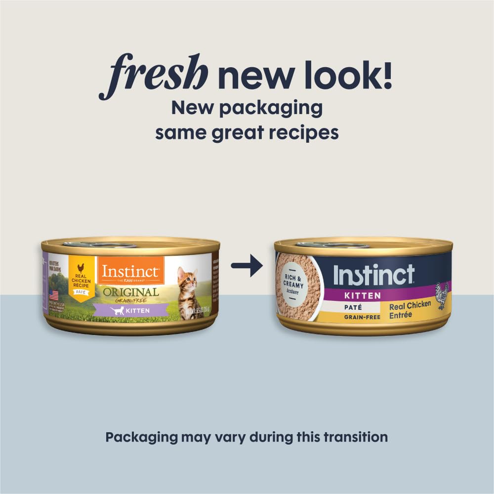 Instinct Pate Kitten Entree can-back-label emphasizes real chicken and salmon for protein variety.