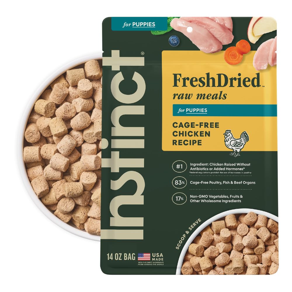 Instinct Puppy Freeze-Dried Meal close-up showing meaty texture ideal for growth energy.