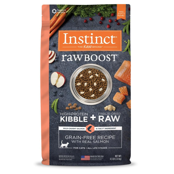 Instinct Raw Boost grain-free kibble with real salmon and freeze-dried pieces for texture variety.
