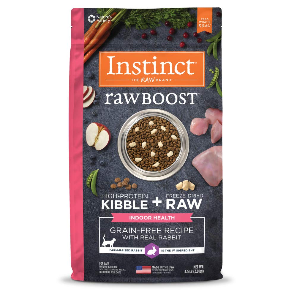 Instinct Raw Boost indoor health bag with grain-free kibble supports indoor cat nutrition.