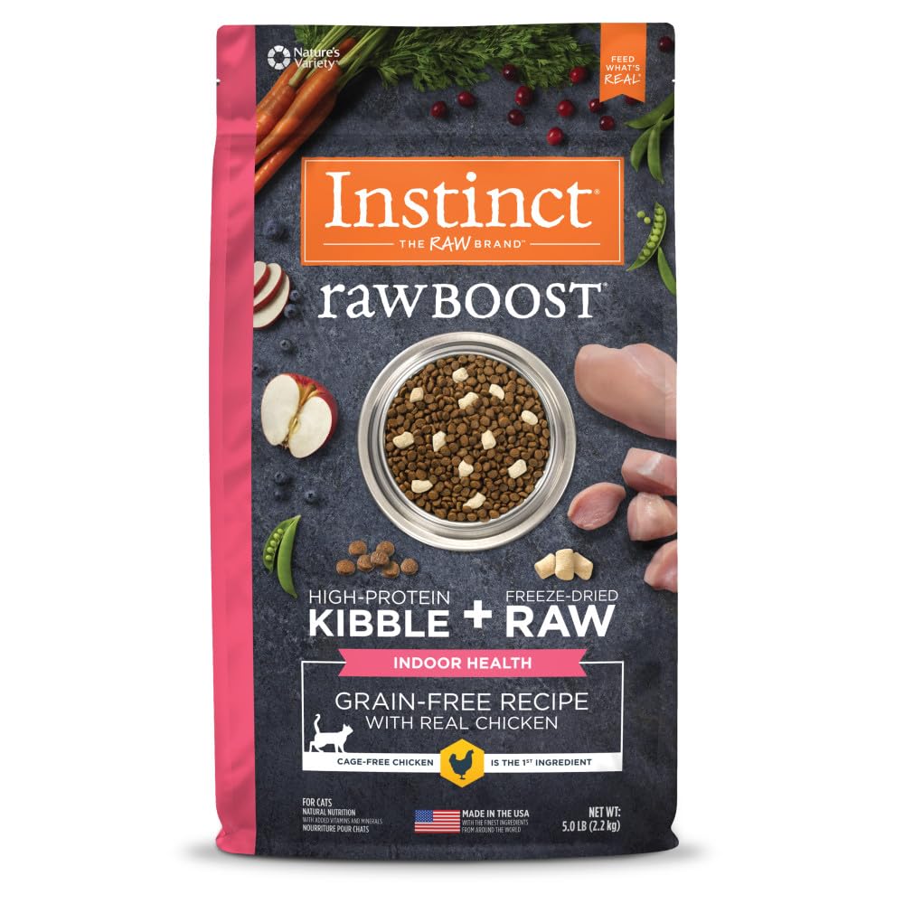 Instinct Raw Boost Indoor Health kibble closeup with grain-free texture for indoor cats.